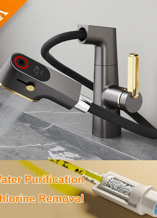 VGX Multifunctional Bathroom Faucets Pull Out Basin Mixer Sink Faucet Gourmet LED Temperature Tap 360° Tapware Crane Brass White