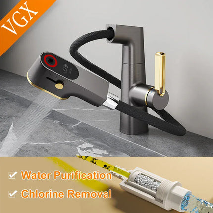 Robinet de salle de bain multifonctionnel VGX, mitigeur de lavabo extractible, robinet de lavabo avec indicateur de température LED, rotation à 360°, robinetterie Crane en laiton blanc