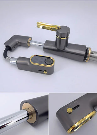 VGX Multifunctional Bathroom Faucets Pull Out Basin Mixer Sink Faucet Gourmet LED Temperature Tap 360° Tapware Crane Brass White