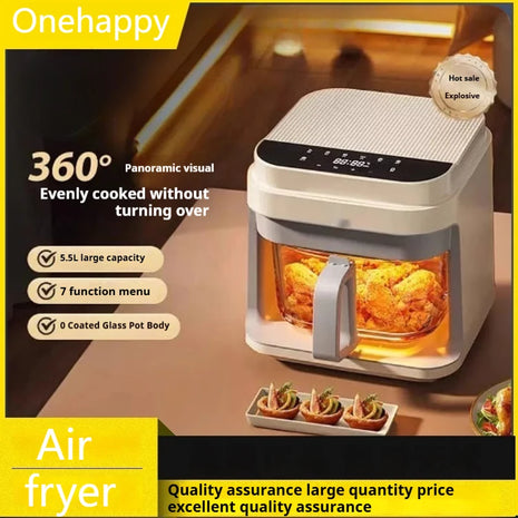 1200W Air Fryer with Transparent Glass Basket - No Flipping, Multifunctional Oven, Cool Touch Handle, 8-in-1 Cooking, Home Use