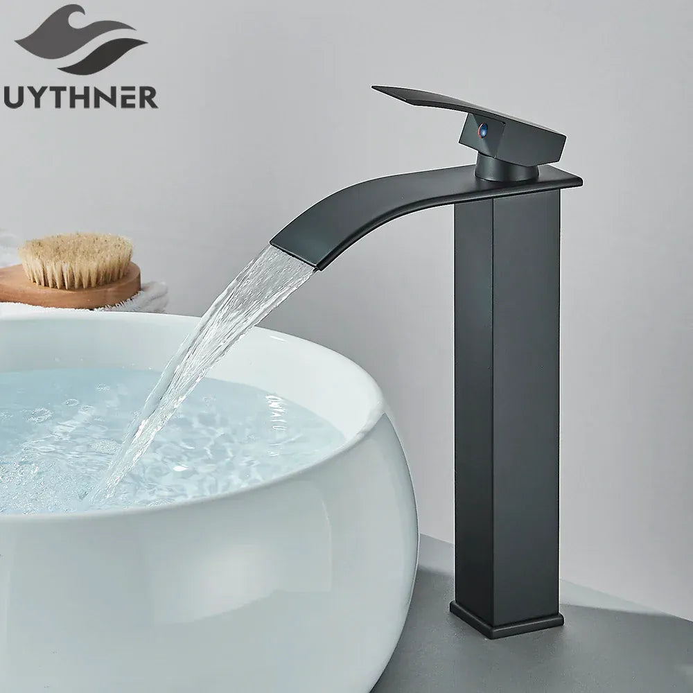 Brushed Golden Basin Faucets Elegant Waterfall Bathroom Sink Faucet Single Lever Hole Deck Mount Brass  Mixer Taps