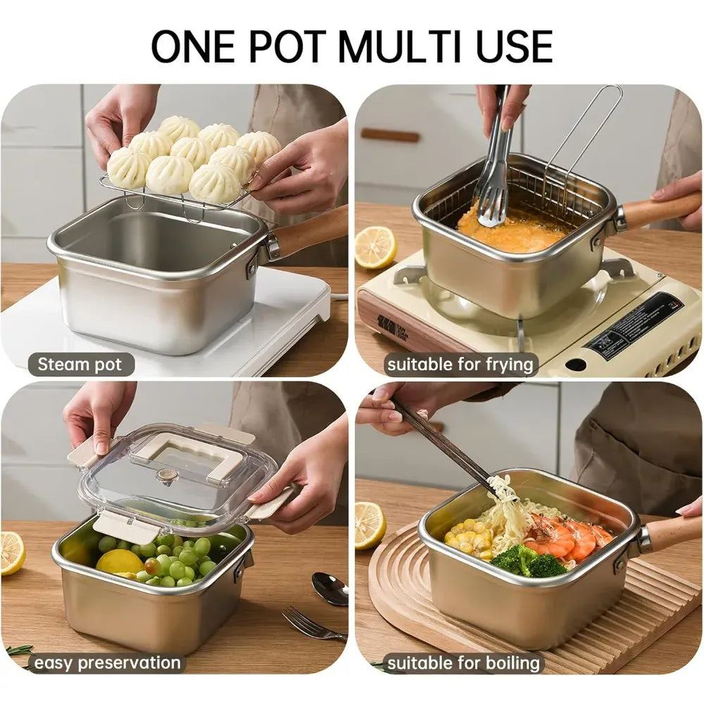 MultiFunction Frying Cooker Set Portable Stainless Steel Deep Fryer Pot with Basket Tongs Oil Drip Rack Household Frying Pan Set
