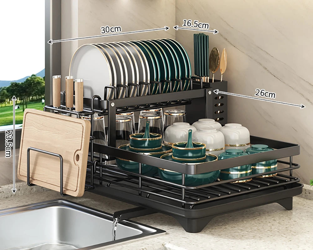 Dish Rack, Large Capacity Dish Drying Rack With Draining Board, Double Layer Detachable Dish Storage Organizer For Dishes, Cups