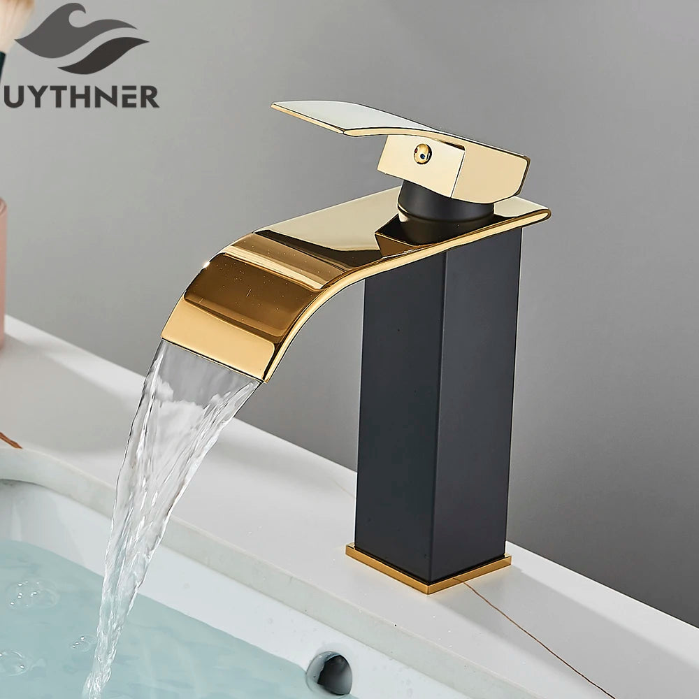 Brushed Golden Basin Faucets Elegant Waterfall Bathroom Sink Faucet Single Lever Hole Deck Mount Brass  Mixer Taps