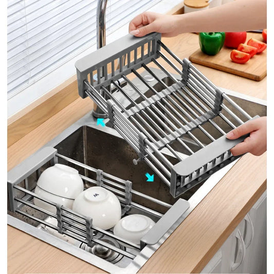 Adjustable Stainless Steel Dish Drainer, Drain Rack Fruit and Vegetable Washing Drainer, Tableware Drain Basket, Kitchen Storage