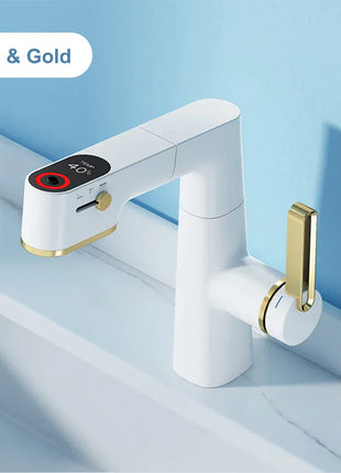 VGX Multifunctional Bathroom Faucets Pull Out Basin Mixer Sink Faucet Gourmet LED Temperature Tap 360° Tapware Crane Brass White