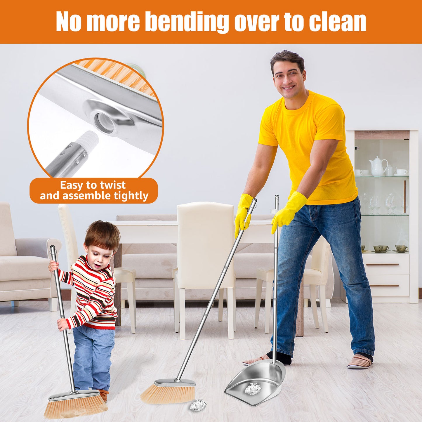 Broom and Dustpan Set Long Handle Upright Stainless Steel Dustpan Broom Set Portable Household Cleaning Tools for Home Office