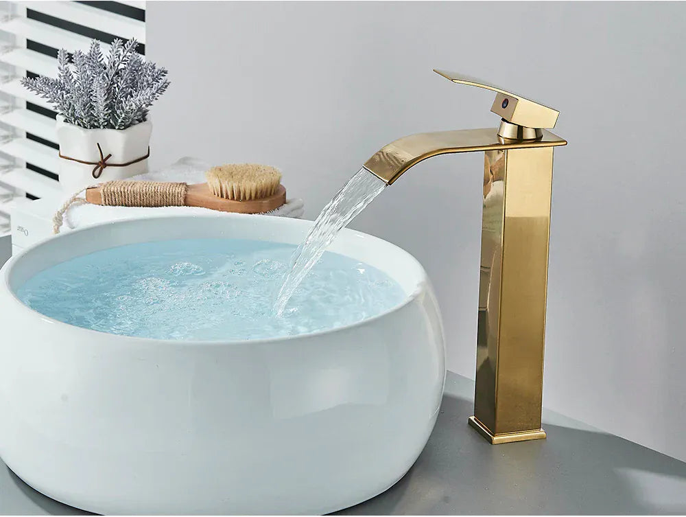 Brushed Golden Basin Faucets Elegant Waterfall Bathroom Sink Faucet Single Lever Hole Deck Mount Brass  Mixer Taps