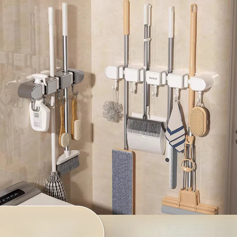 Broom Mop Holder with Hooks Wall Mounted Broom Storage Rack No Drilling Self-Adhesive Kitchens Organizer Multifunction Holder