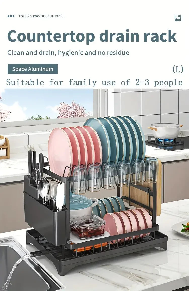Dish Drying Rack, 2 Tier Large Dish Drying Rack for Kitchen Counter with Drainboard Stainless Steel Dish Drainer for Dish&Cup