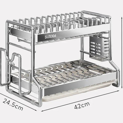 Égouttoir à vaisselle en acier inoxydable pour le rangement et l'organisation de la cuisine. Ce support est idéal pour la vaisselle, les ustensiles de cuisine et les tables.