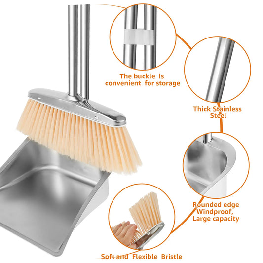 Broom and Dustpan Set Long Handle Upright Stainless Steel Dustpan Broom Set Portable Household Cleaning Tools for Home Office