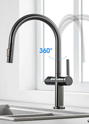 Luxury brass gun gray kitchen faucet LED digital sensing design single handle hot & cold water pull-out type 2-function sink Tap