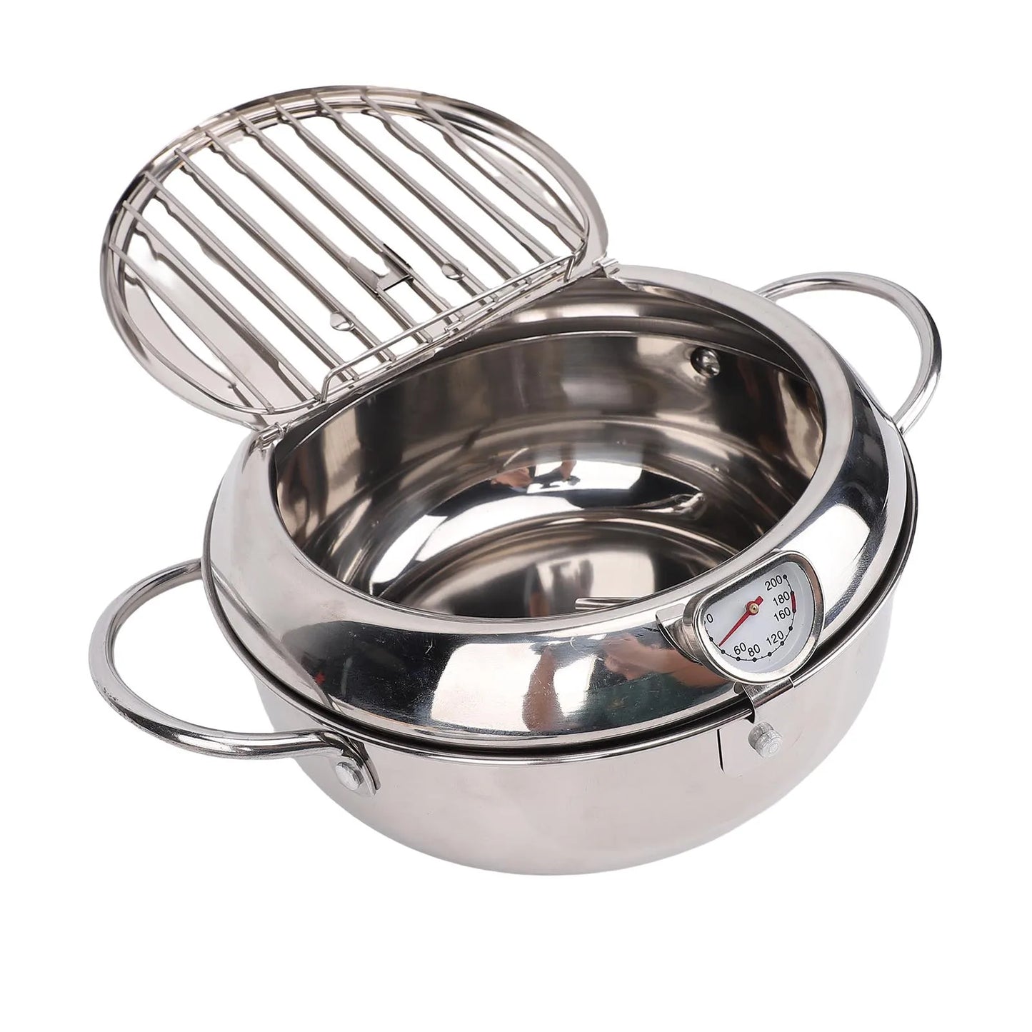 Deep Fryer Pot 201 Stainless Steel 2.2L Japanese Frying Pot with Oil Drain Temperature Control and Lid for Kitchen Stove