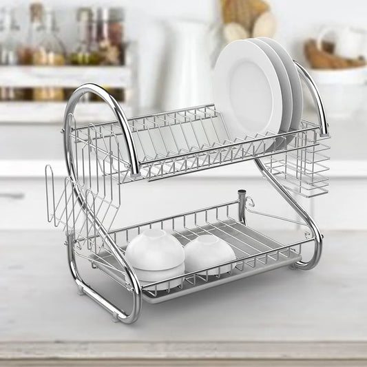 Kitchen Cutlery Organizer 2 Tier S-Shaped Dish Drainer Stable Space-saving Tableware Holder Shelf Metal Cup Drainer Chopsticks