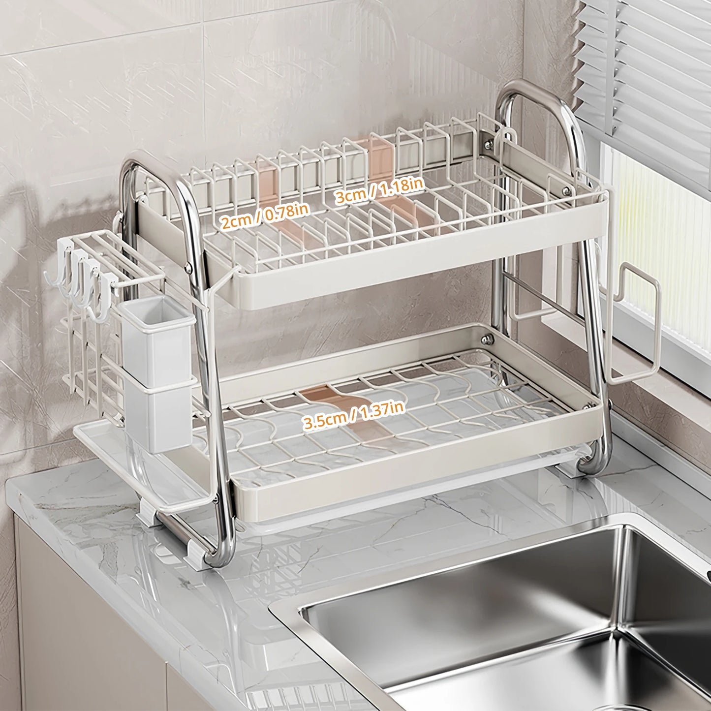 Dish rack, Stainless steel dish drainer, Multi-functional 2-tier dish drying rack with draining tray, utensil holder, hooks