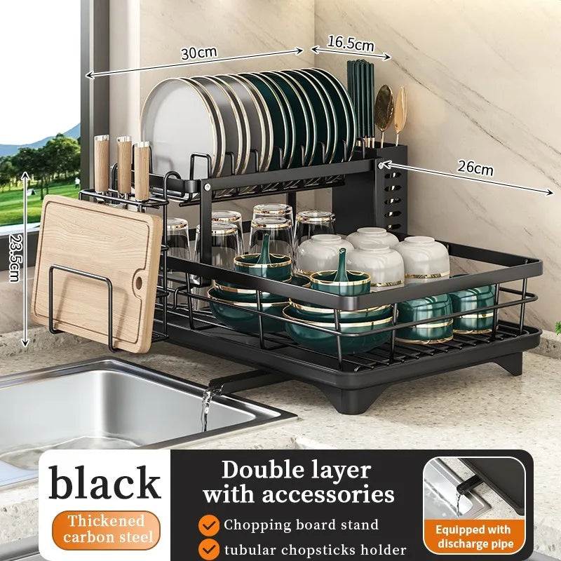 2-Tier Dishes Dryer Rack Metal Black Dish Drainer Large Kitchen Organizers and Storage Rack with Drainboard and Cutlery Holder