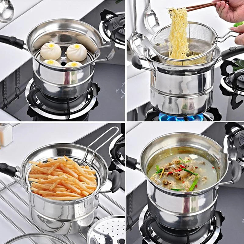 Stainless Steel Fryer Pot With Strainer Basket And Handle Portable Multi-functional Deep Frying Pot For French Fries Seafood