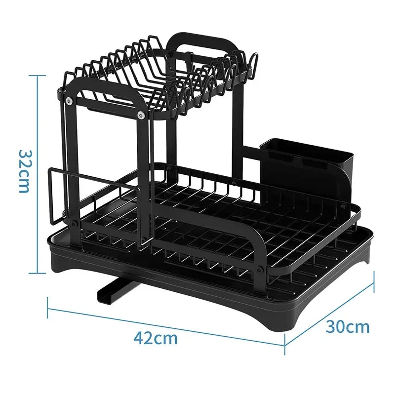 2 Tier Dish Drying Rack Black Kitchen Countertop Drainer with Drain Board Space Saving Storage Organizer