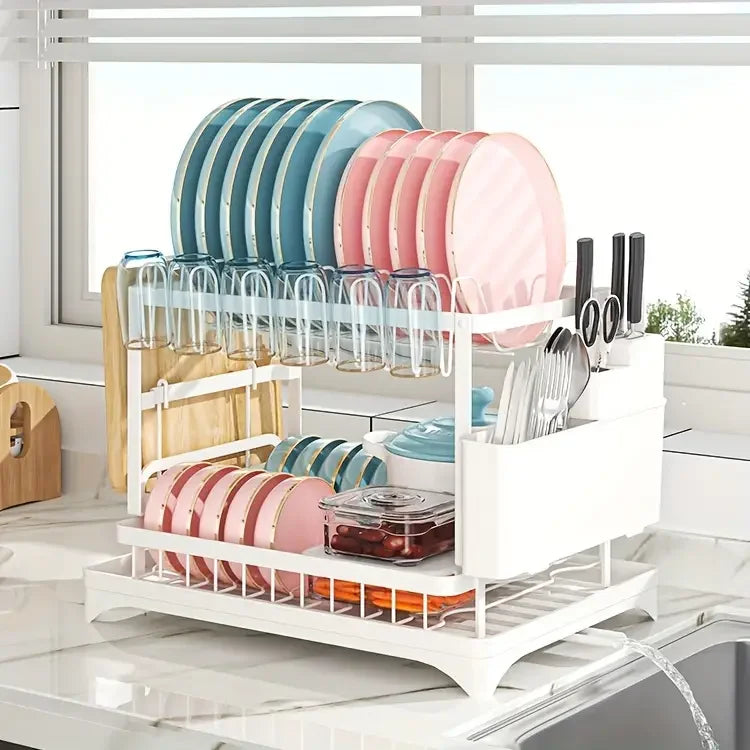 Dish Drying Rack, 2 Tier Large Dish Drying Rack for Kitchen Counter with Drainboard Stainless Steel Dish Drainer for Dish&Cup