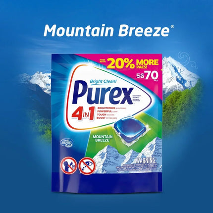 4-in-1 Laundry Detergent Pacs Mountain Breeze 70 Loads High Efficiency Stain Lifting Brightening Compact Easy Clean Rinses Low