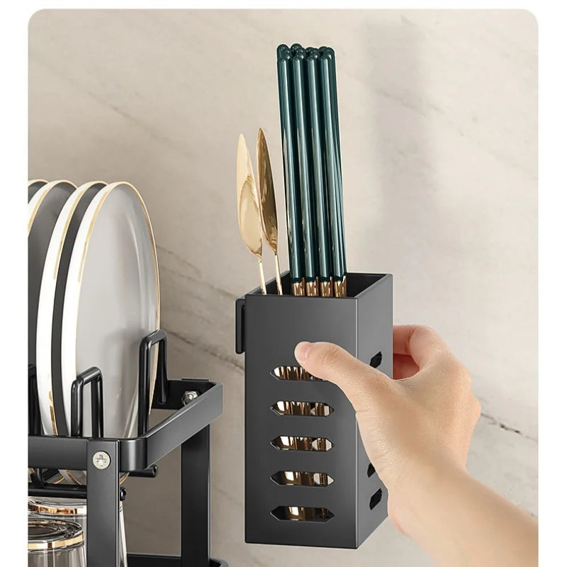 2-Tier Dishes Dryer Rack Metal Black Dish Drainer Large Kitchen Organizers and Storage Rack with Drainboard and Cutlery Holder