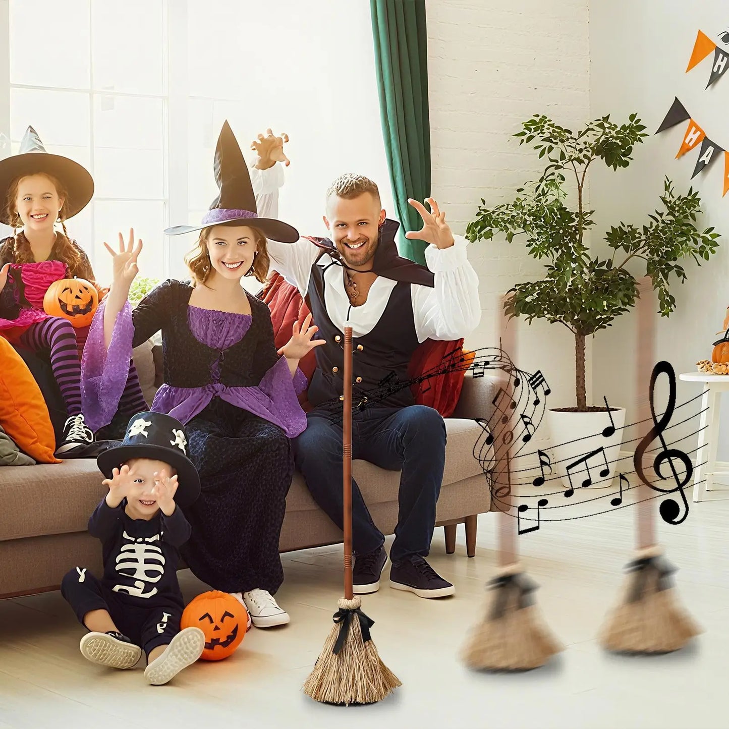 Witch Brooms Moving Broom 43.5 Inches Moving Decoration with Spooky Sounds for Indoor Outdoor Party Porch Halloween Haunted