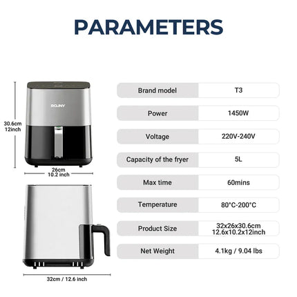Friteuse à air chaud 5 L, four électrique sans huile avec commandes tactiles, panier antiadhésif et hublot, format familial