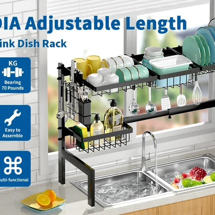 Égouttoir à vaisselle extensible à 2 niveaux en acier inoxydable avec porte-ustensiles et égouttoirs à vaisselle à suspendre au-dessus de l'évier