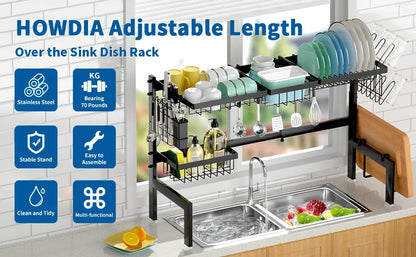 Over The Sink Dish Drying Rack,Expandable 2-Tier Stainless Steel Over The Sink Dish Rack with Utensil Holder Dish Drainers