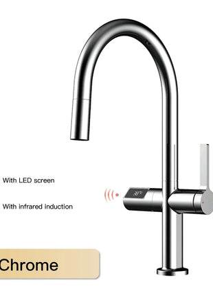 Luxury brass gun gray kitchen faucet LED digital sensing design single handle hot & cold water pull-out type 2-function sink Tap