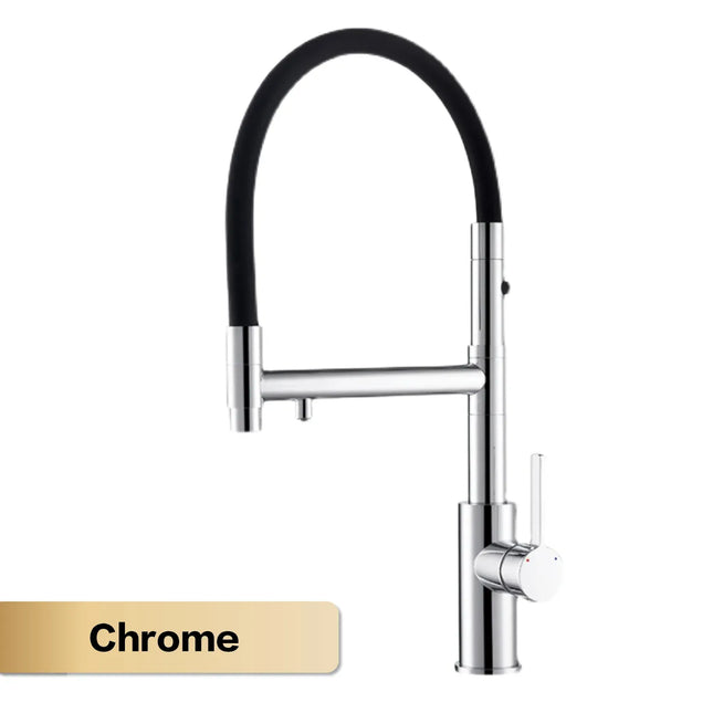 Robinet de cuisine luxueux en laiton chromé avec une seule poignée pour l'eau chaude et froide. Design simple. Douchette extractible avec robinet d'évier à eau filtrée.