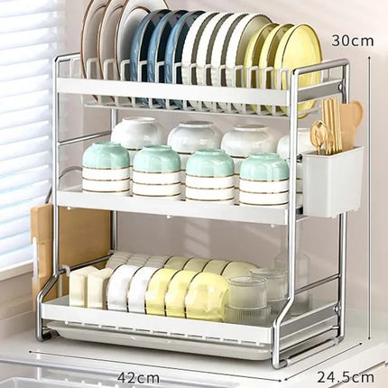 Égouttoir à vaisselle en acier inoxydable pour le rangement et l'organisation de la cuisine. Ce support est idéal pour la vaisselle, les ustensiles de cuisine et les tables.