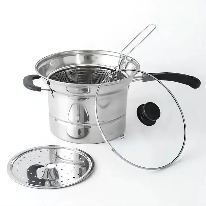 Stainless Steel Fryer Pot With Strainer Basket And Handle Portable Multi-functional Deep Frying Pot For French Fries Seafood