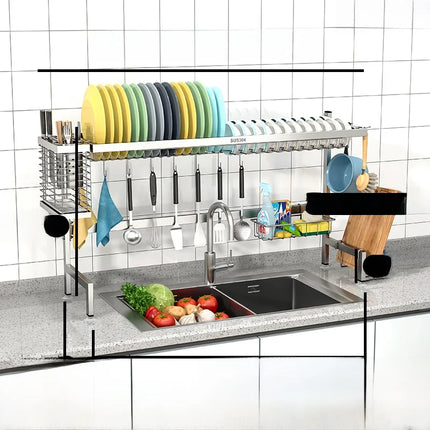 Égouttoir de cuisine en acier inoxydable 304 avec porte-assiettes de rangement multifonction pour évier de cuisine à poser sur le plan de travail