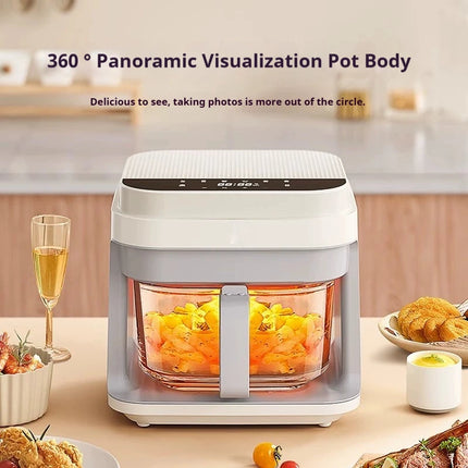 Friteuse à air chaud 1200 W avec panier en verre transparent - Four multifonction sans retournement, poignée isolante, 8 modes de cuisson, usage domestique