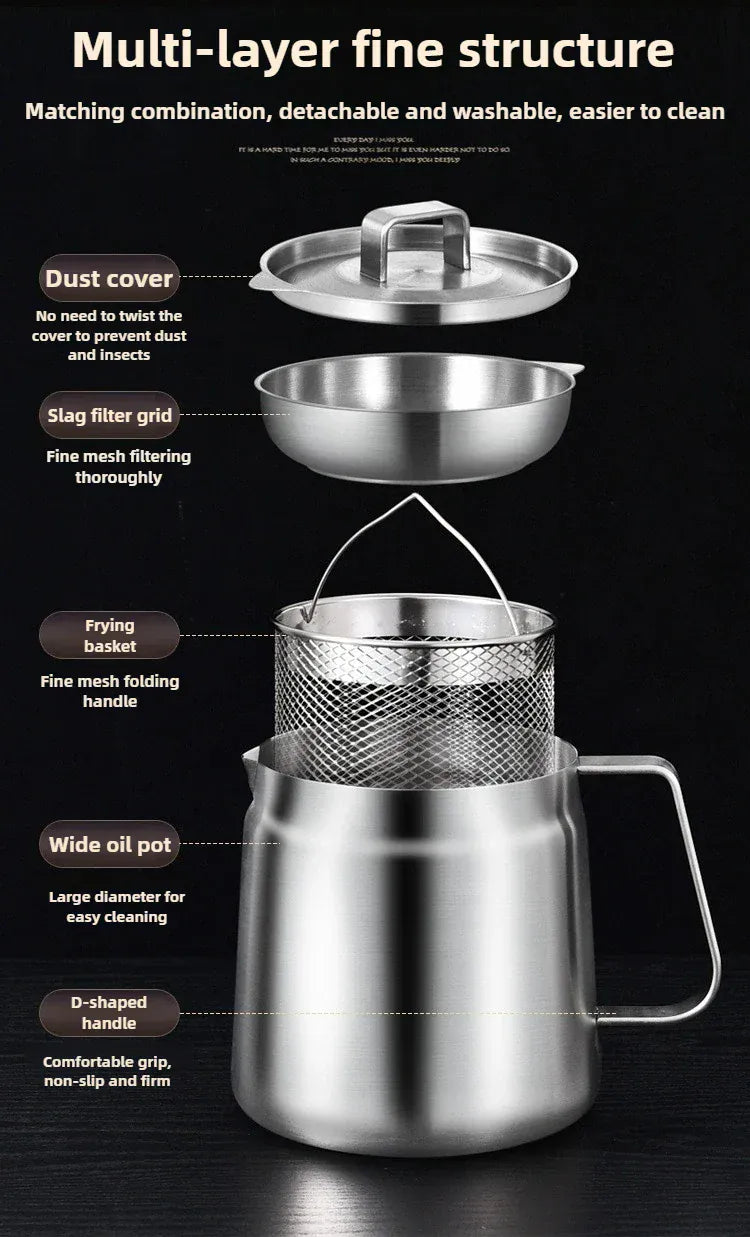 Stainless Steel 2L Deep Fryer Pot with Basket and Oil Strainer, 304 Stainless Steel Deep Frying Pot for French Fries, Chicken