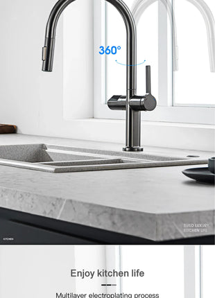 Luxury brass gun gray kitchen faucet LED digital sensing design single handle hot & cold water pull-out type 2-function sink Tap
