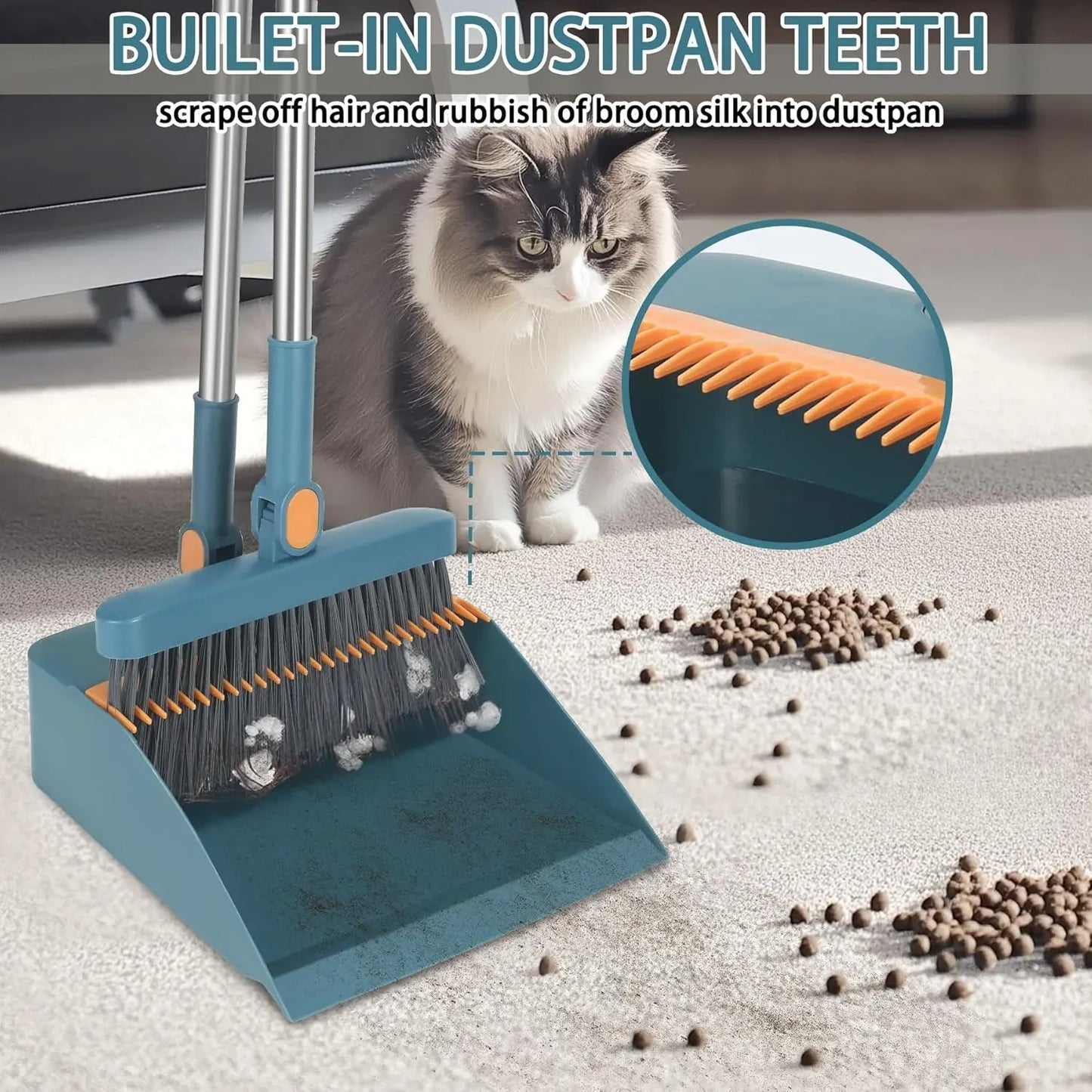 Broom and Dustpan Combo Set, Long Handled Adjustable Broom and Dustpan Set for Sweeping Home,Indoor Kitchen, Office Lobby  Floor