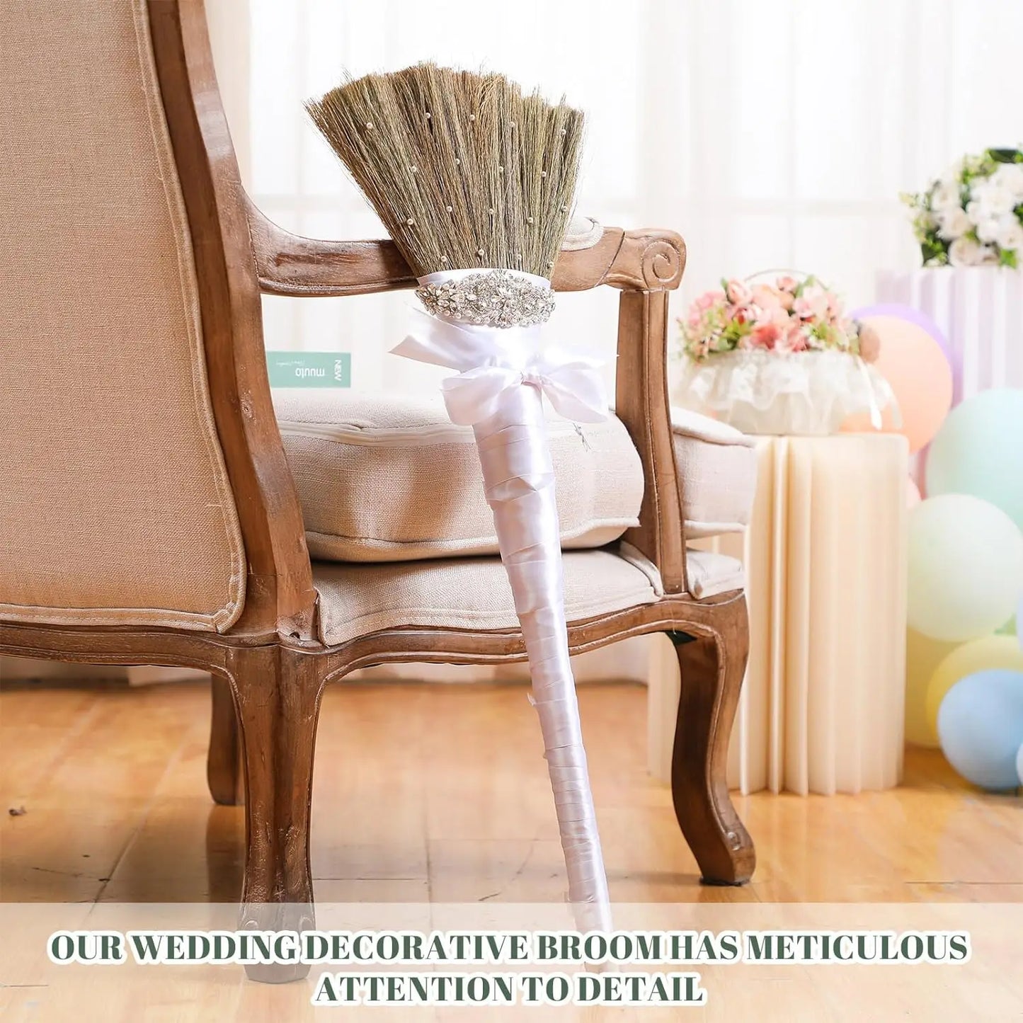 Wedding Brooms Whisk Brooms DIY Bridegroom Jump Broom with White Ribbons Artificial Pearl for African American Wedding Ceremony