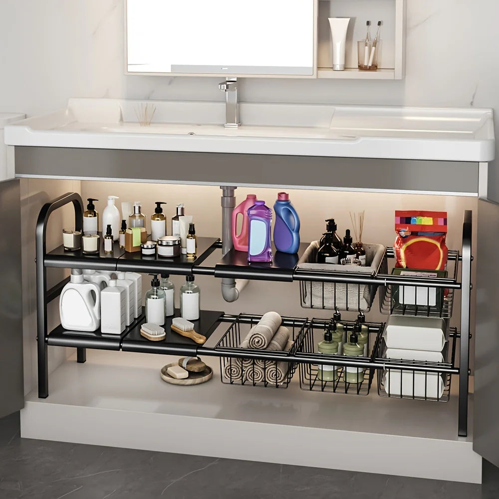 1 Set Multi-Use Kitchen Under Bathroom Sink Organizers - Expandable Cabinet Shelf Organizer Storage Rack