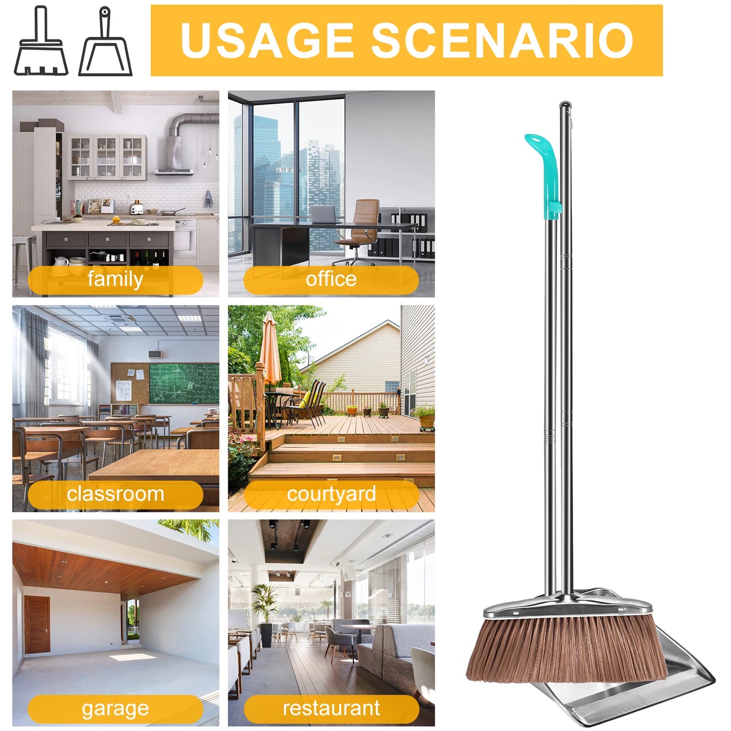 Broom and Dustpan Set Long Handle Upright Stainless Steel Dustpan Broom Set Portable Household Cleaning Tools for Home Office