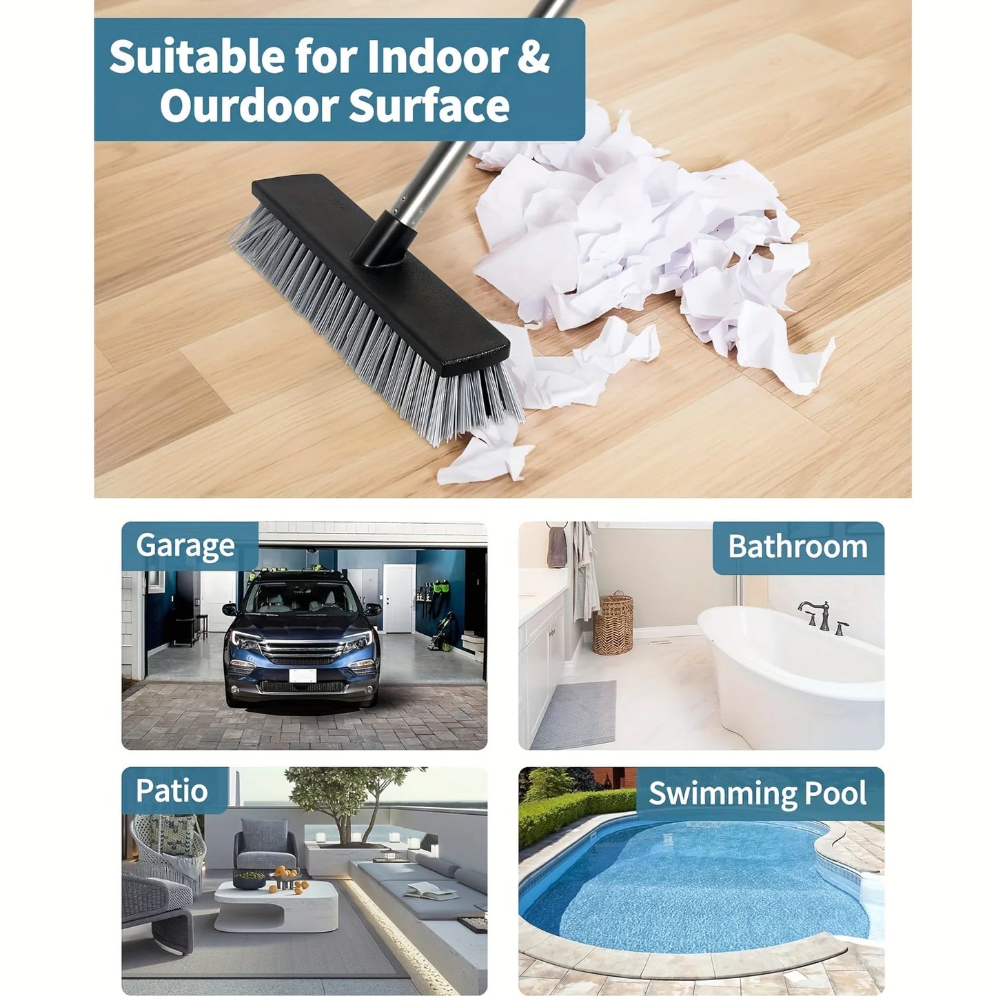 Large Hard Bristle Broom, Wooden Floor Washer, Adjustable Multi-Section Long Handle, Concrete Push Broom Outdoor Garage Broom