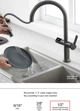 Luxury brass gun gray kitchen faucet LED digital sensing design single handle hot & cold water pull-out type 2-function sink Tap