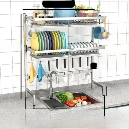 Égouttoir de cuisine en acier inoxydable 304 avec porte-assiettes de rangement multifonction pour évier de cuisine à poser sur le plan de travail