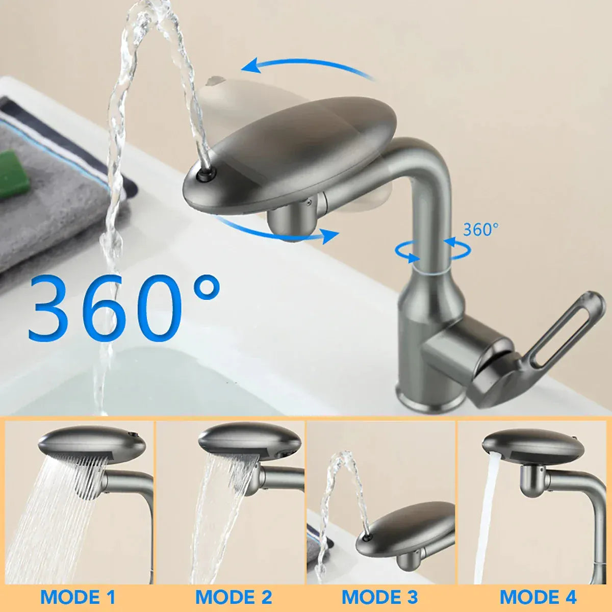 Multi Functional Waterfall Basin Faucet 4 Water Outlet Mode Spray Faucet 360°Rotation,Hot Cold Water Sink Mixer Tap For Bathroom