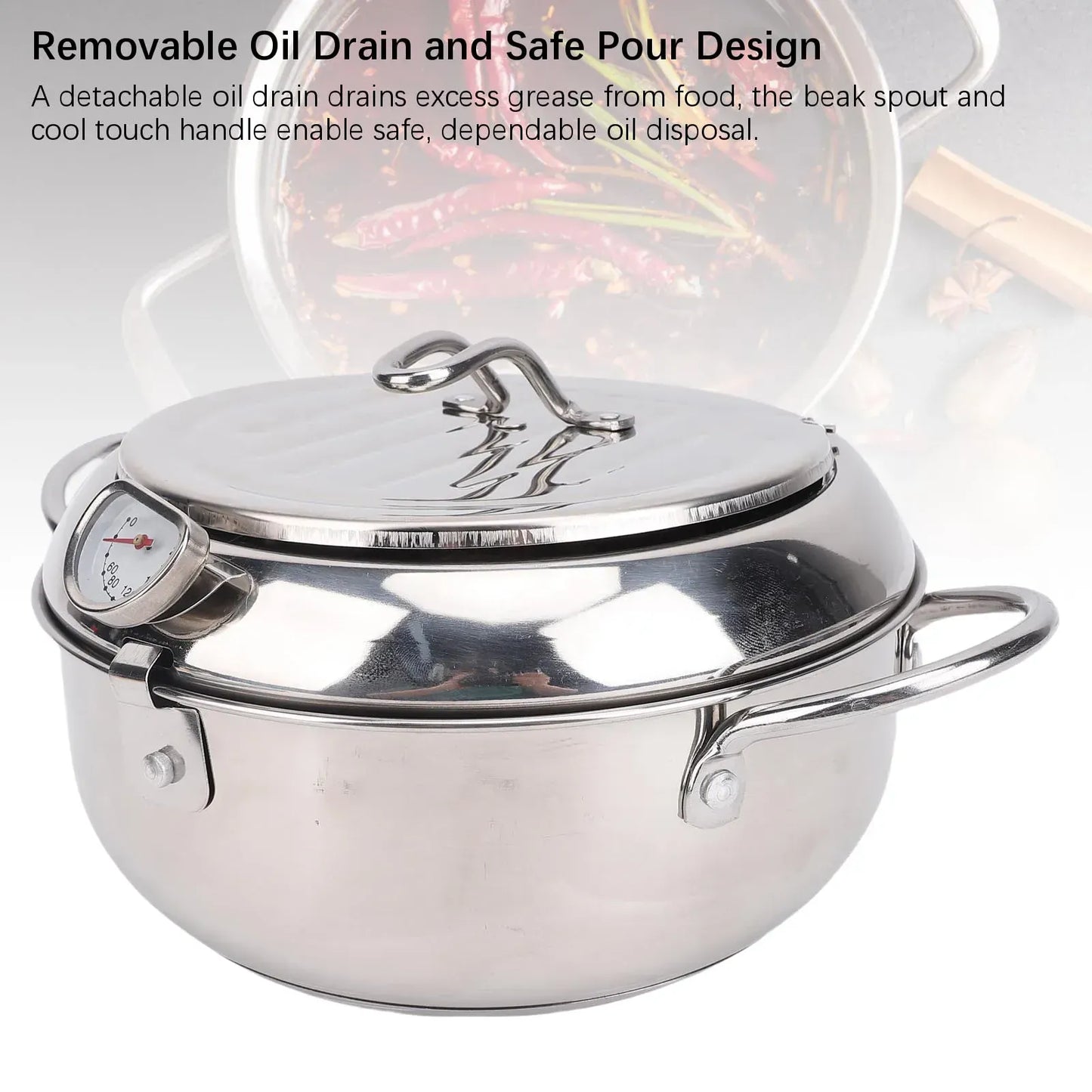 3.2L Double Ear Frying Pot 201 Stainless Steel  Fryer Pot with Oil Drip Drainer Rack Thermometer for Tempura  Fryer Pot