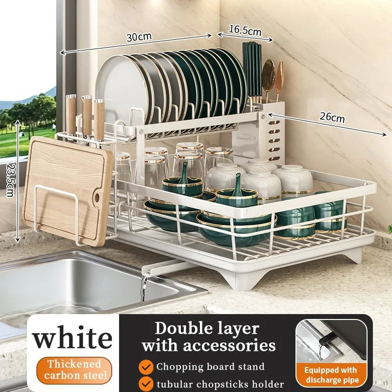 2-Tier Dishes Dryer Rack Metal Black Dish Drainer Large Kitchen Organizers and Storage Rack with Drainboard and Cutlery Holder