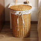 Extra large diameter 42cm outer height 50cm / Honey-colored basket with lid and dandelion lining