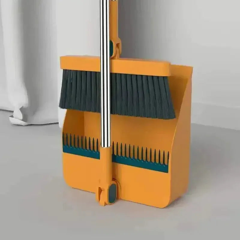 Folding Dustpan Broom Set With Extra Thick Mounting Teeth Design Clip Swivel Clean Long Handle Storage Saves Space